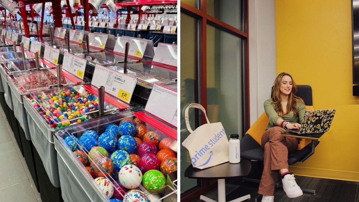 Bulk Barn bins full of candy at a store in Canada. Right: Person with an Amazon Prime student membership.