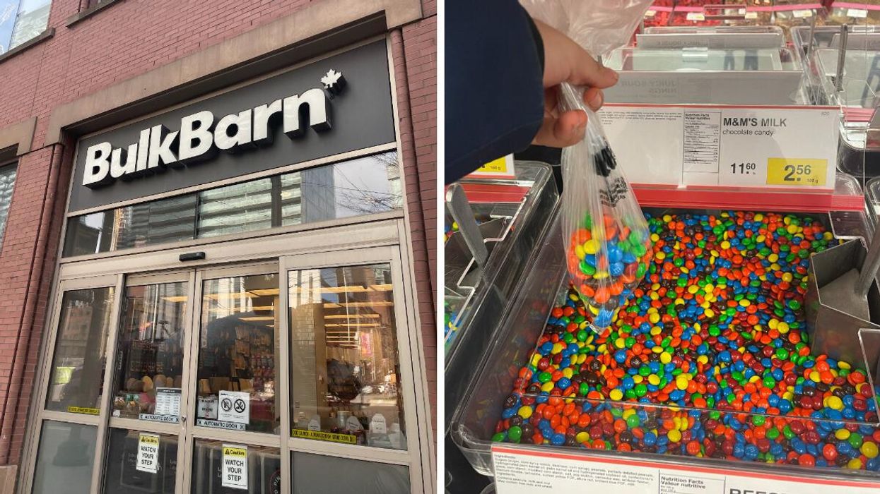 Bulk Barn on King Street West in Toronto. Right: Mira Nabulsi holding a bag of M&M's.