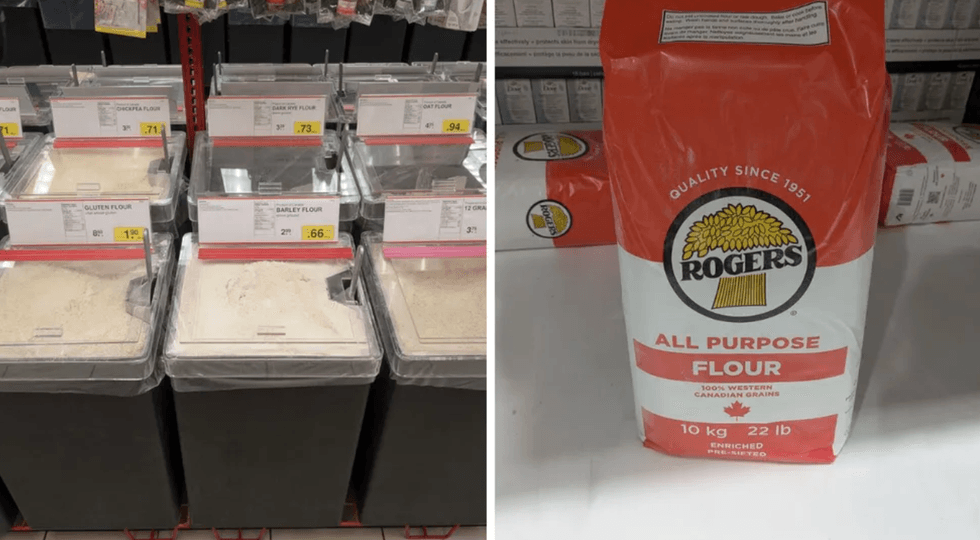 Bulk flour bins on left Right: Rogers all-purpose flour bag on right.