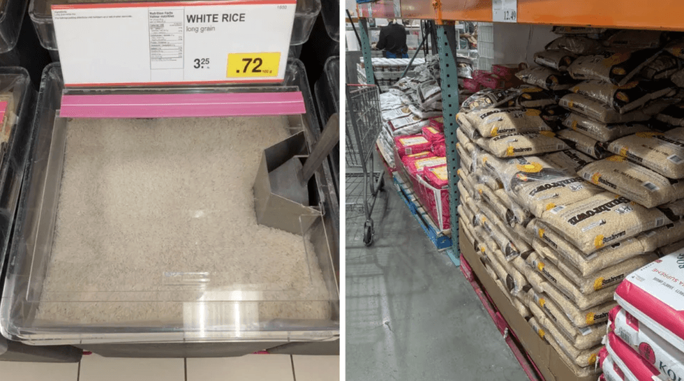 Bulk rice bin with scoop. Right: Stacked rice bags on store shelves.