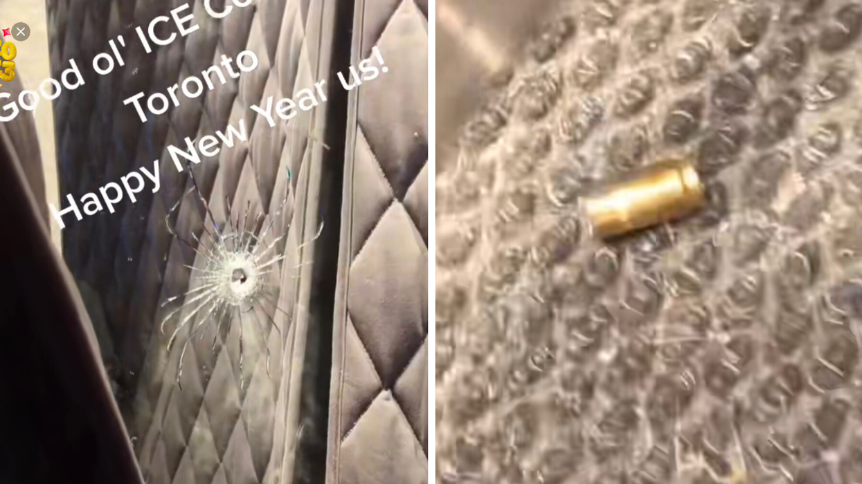 Bullet hole in glass. Right: Bullet casing.