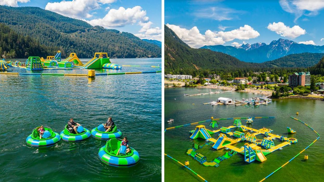 Bumper boats and floating water park at the lake. Right: Giant floating water park in lake.