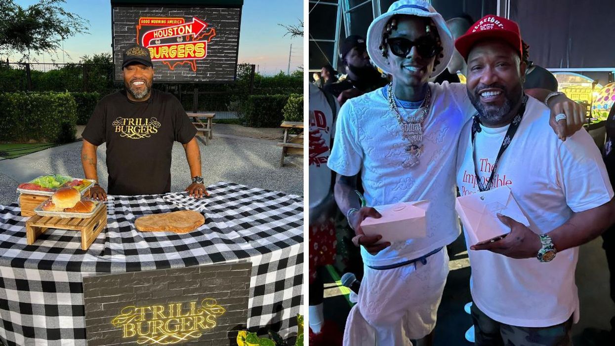 Bun B competing in GMA's United States of Burger Competition. Right: Soulja Boy and Bun B with Trill Burger boxes at Rolling Loud Music Festival.