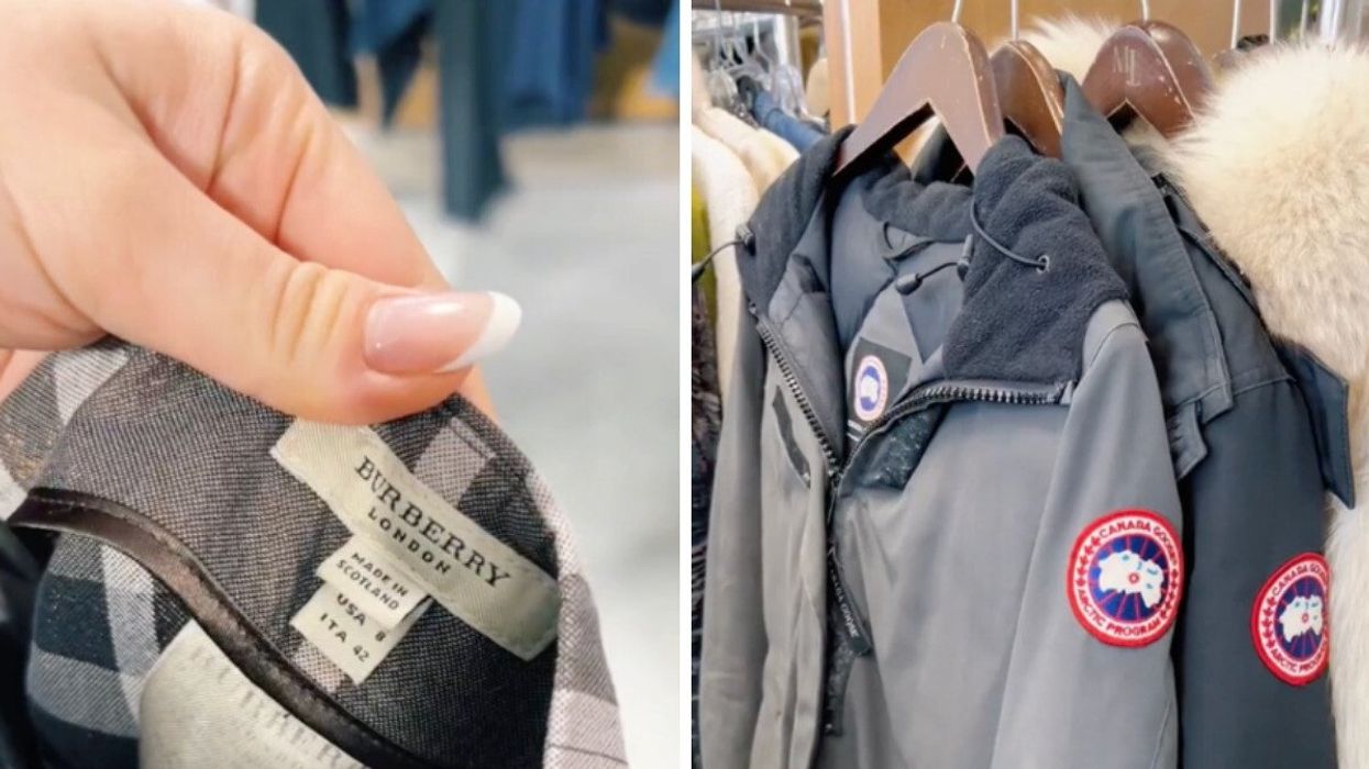 Burberry item at a thrift store. Right: Canada Goose jackets at a Toronto thrift store.