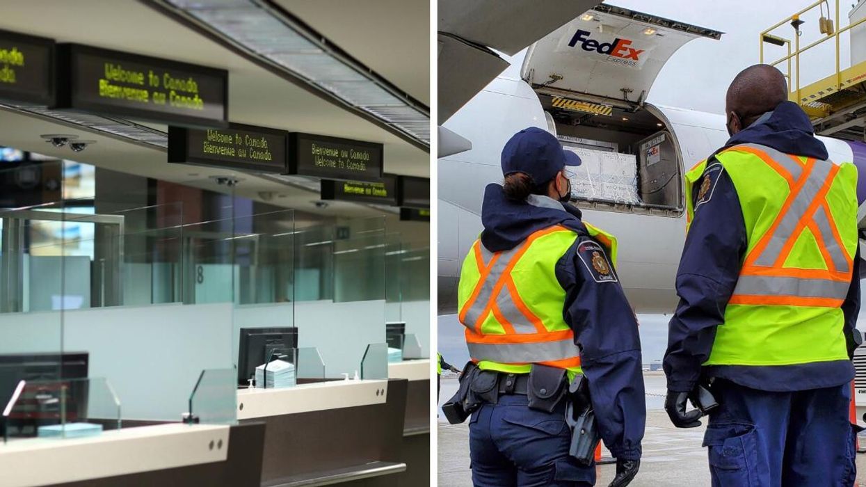 Bureau de l'Agence des services frontaliers du Canada. Droite : Employés de l'ASFC devant un avion FedEx.