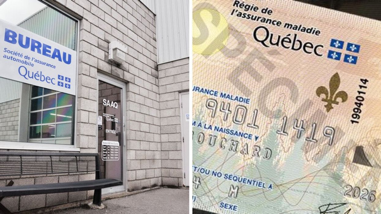 Bureau de la SAAQ. Droite : Carte de la Régie de l'assurance maladie du Québec.