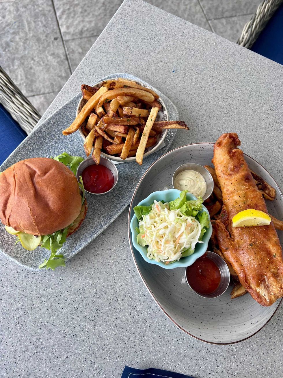 Burger and fish and chips at the Beach Club Restaurant.