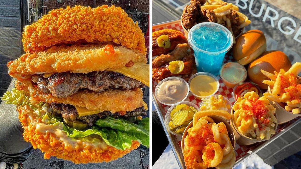 Burger du restaurant Crusty's. Droite : Plateau du restaurant Crusty's