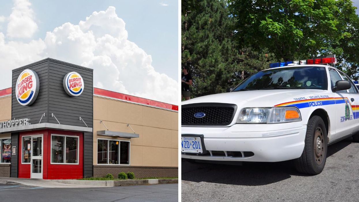 Burger King drive-thru. Right: RCMP car.