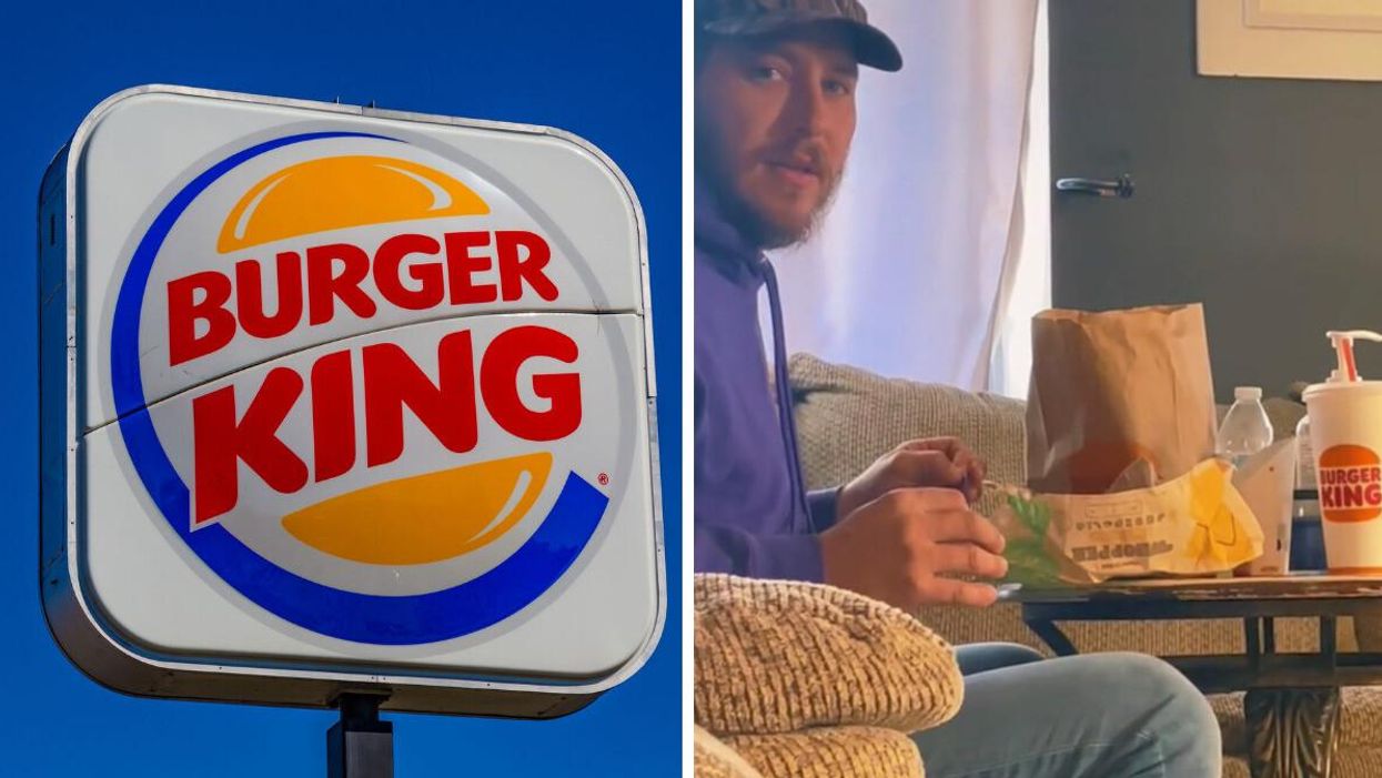 Burger King sign. Right: Man eating Burger King in TikTok video.