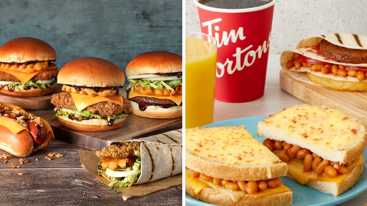 Burgers and hot dogs at Tim Hortons UK. Right: The Heinz Wrap or Toasted Melt.