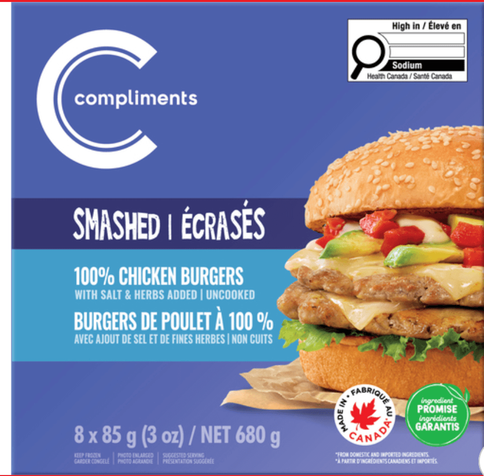 Burgers de poulet \u00e0 100% \u00e9cras\u00e9s de marque Compliments.