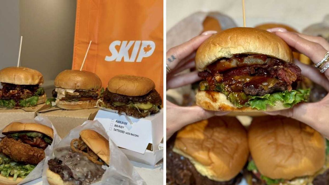 Burgers laid out in front of a Skip delivery bag. Right: Burger held between two hands.