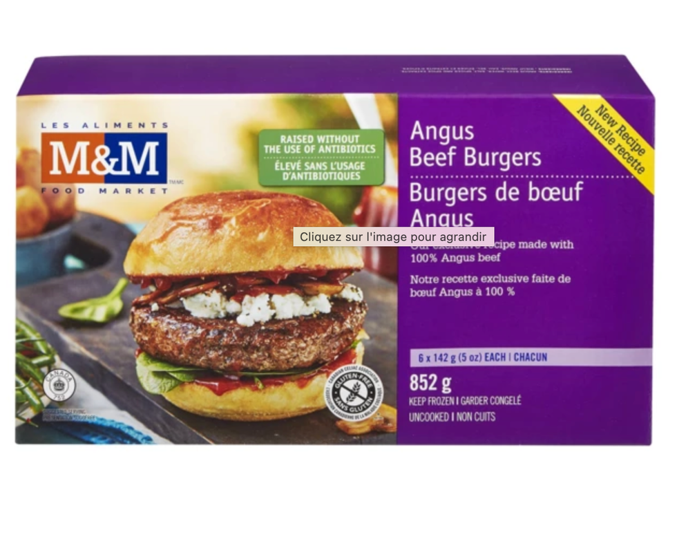Burgers surgel\u00e9s de marque Les Aliments M&M.