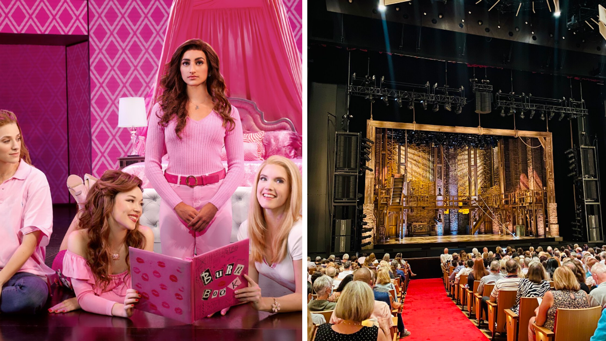 Burn book and 'Mean Girls' characters on broadway. Right: Theatre hall in the National Arts Centre.