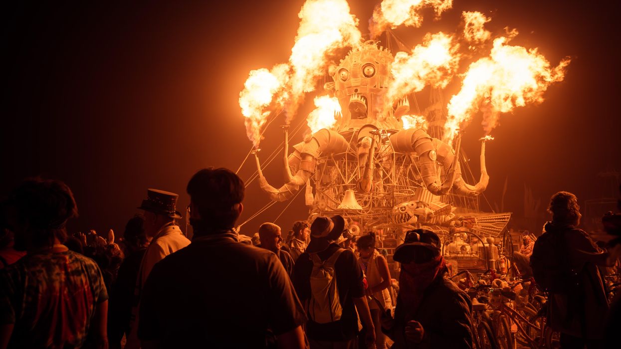 Burning Man exhibition on fire in Black Rock Desert, U.S.