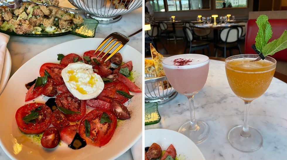 Burrata and tomatoes at Dirty Rascal. Right: Cocktails from Dirty Rascal.