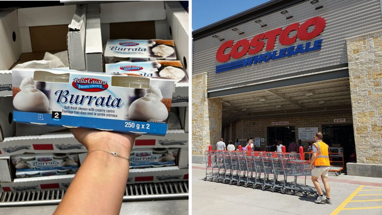 Burrata au Costco. Droite : Façade d'un entrepôt Costco.