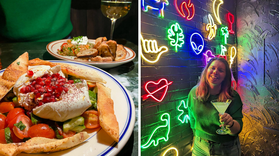 Burrata fattoush. Droite : Ariane Fortin devant le mur de n\u00e9ons.