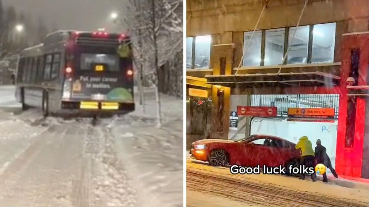 Bus sliding in Vancouver snow. Right: People pushing a car in Vancouver.