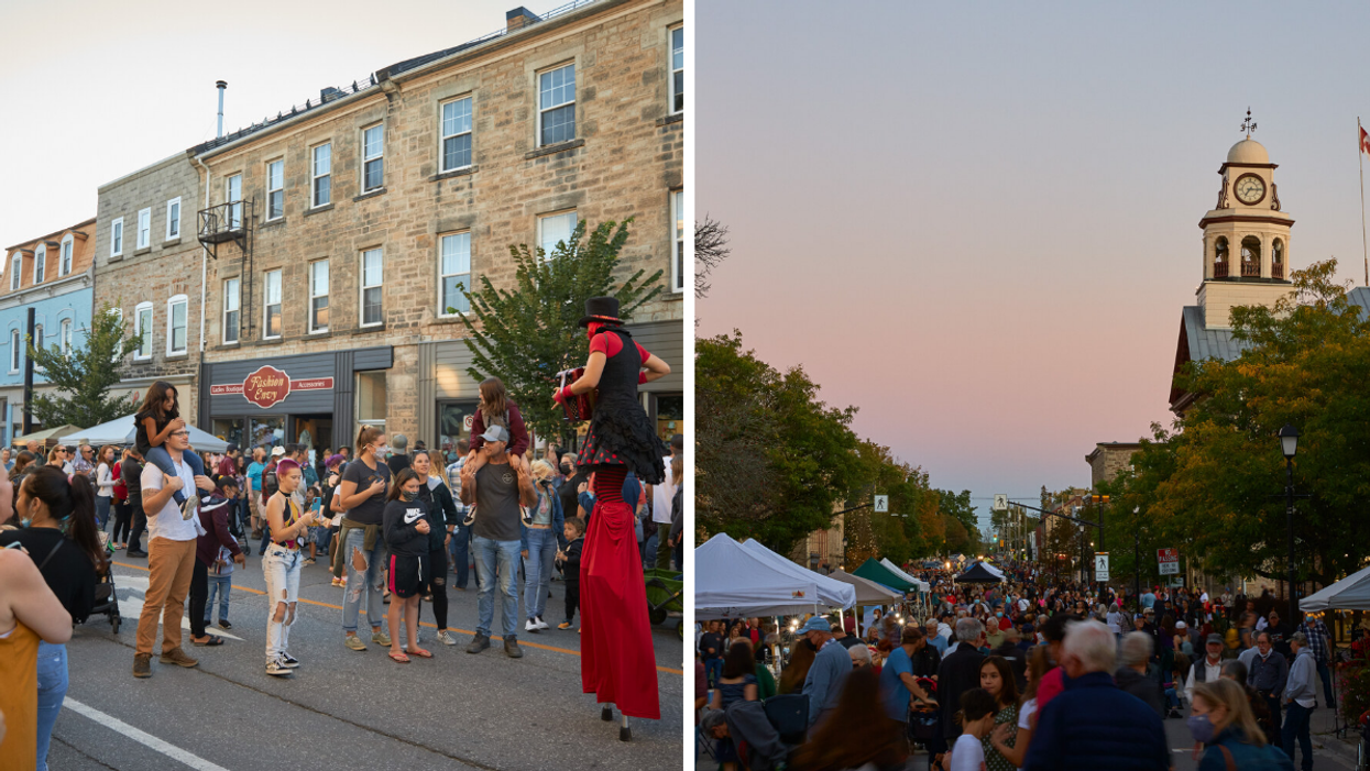 Buskers, performances and vendor booths along the streets of Perth, Ontario.
