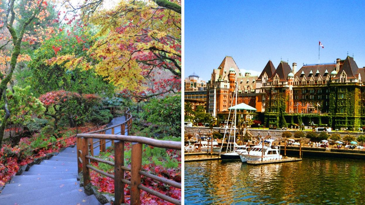 Butchart gardens in fall. Right: The Empress Hotel in Victoria.