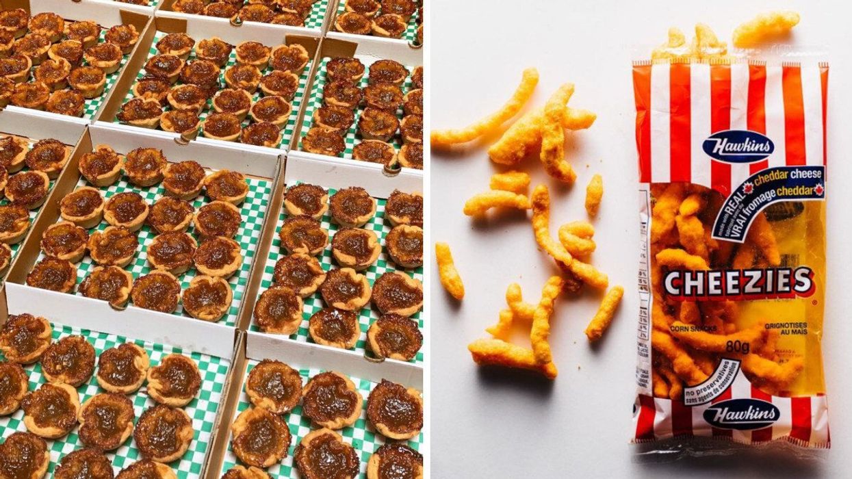 Butter tarts from Larry's Folly. Right: A bag of Hawkins Cheezies.