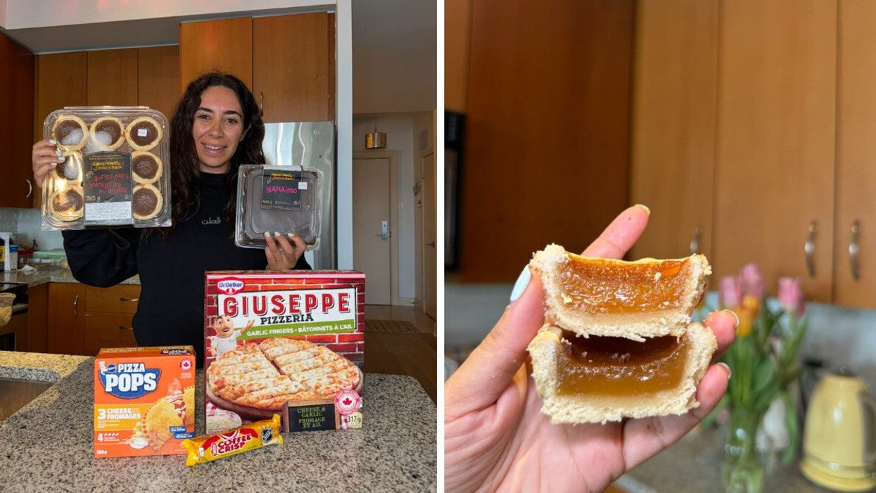 Butter tarts, Pizza Pops, garlic fingers, Nanaimo bars, Coffee Crisp. Right: A butter tart cut in half.