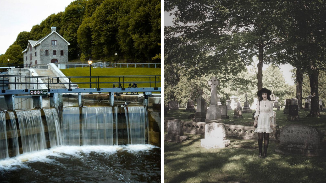 Bytown Museum on the Rideau Canal. Right: Girl posing by tombstones in Beechwood Cemetery.