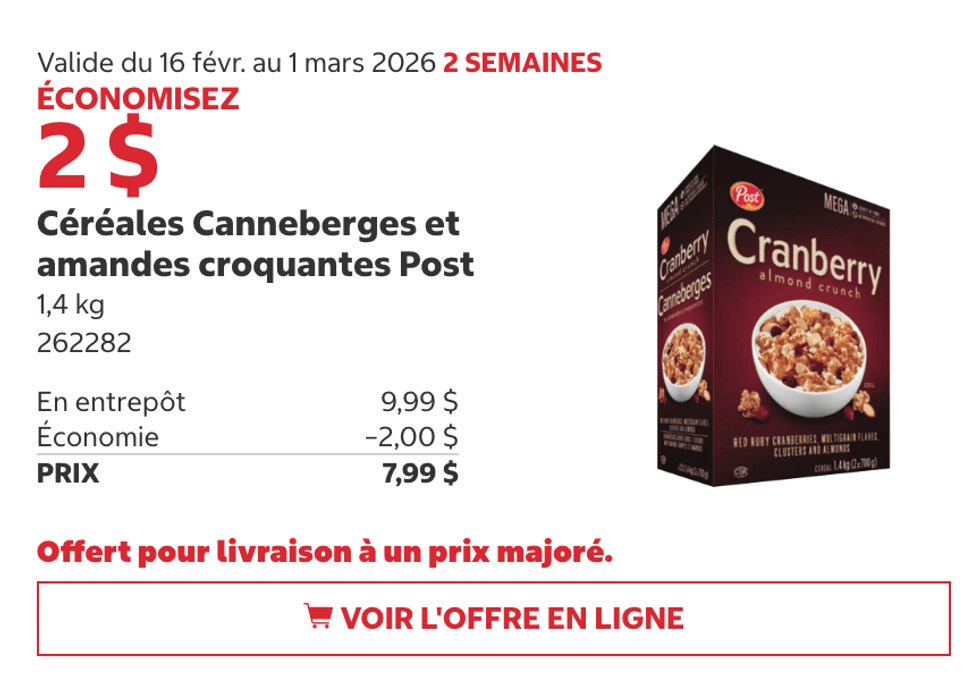 C\u00e9r\u00e9ales canneberges et amandes croquantes Post 1,4 kg sur le site de Costco