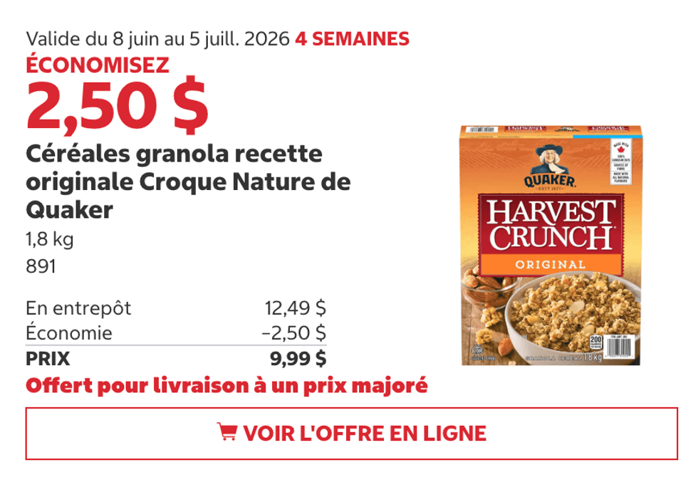 C\u00e9r\u00e9ales granola recette originale Croque Nature de Quaker au Costco.