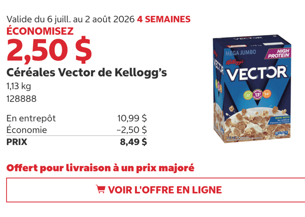 C\u00e9r\u00e9ales Vector de Kellogg's en rabais au Costco.