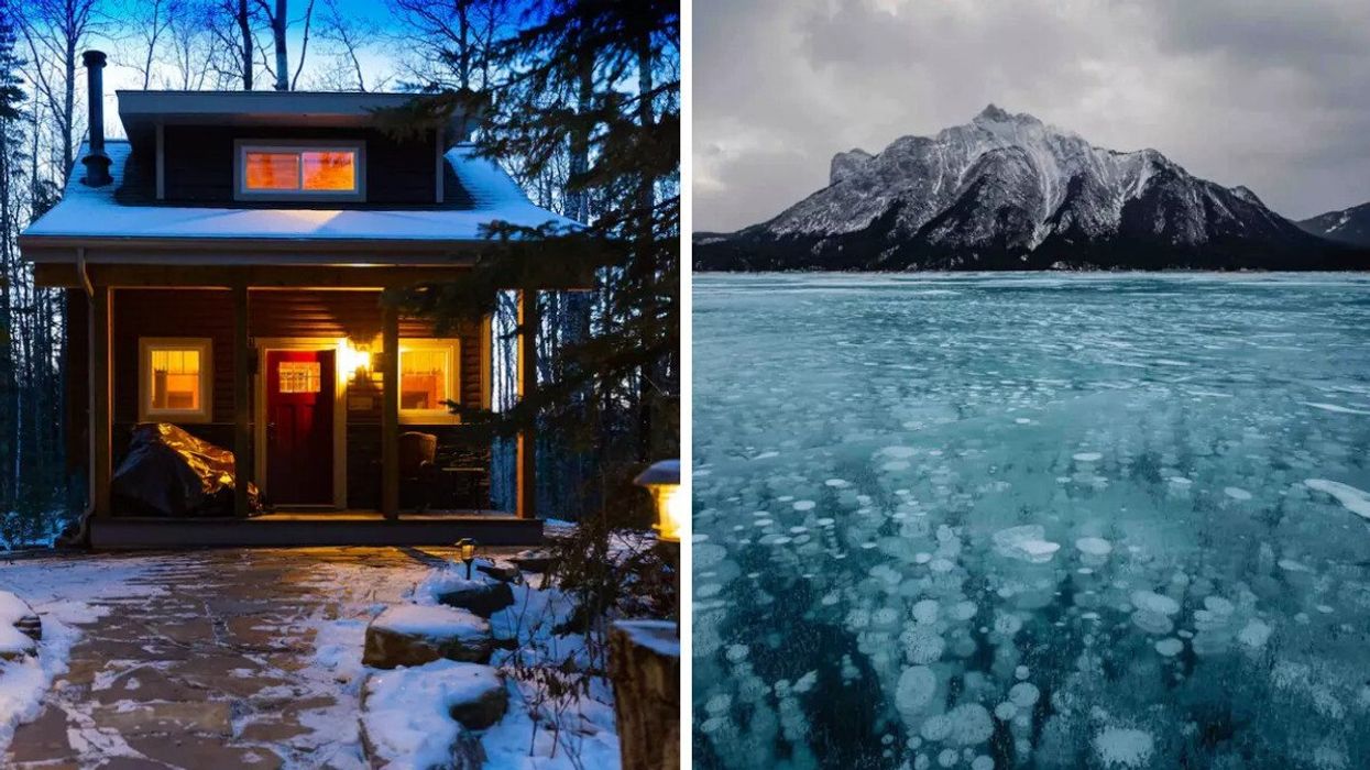 Cabin in Alberta. Right: Abraham Lake in Alberta.