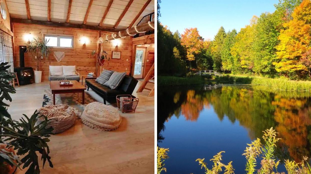 Cabin interior with couches and string lights. Right: Pond with a bridge surrounded by fall colours.