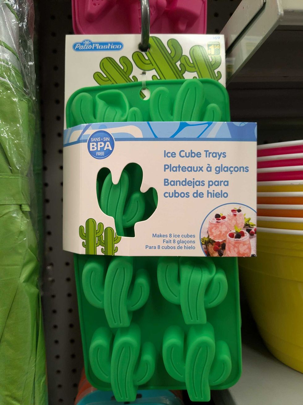 Cactus-shaped ice cube molds hanging on a shelf