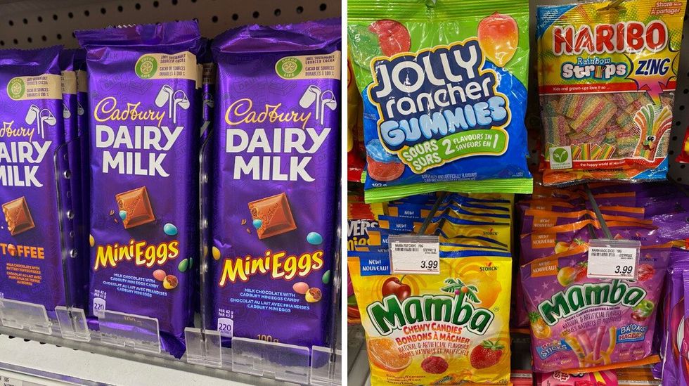 Cadbury chocolate on a shelf. Right: Several types of candy hanging on a shelf in the store.