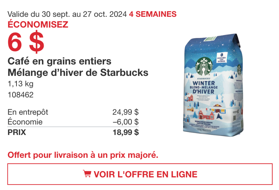 Caf\u00e9 en grains entiers \u00ab M\u00e9lange d'hiver \u00bb de Starbucks en rabais au Costco.