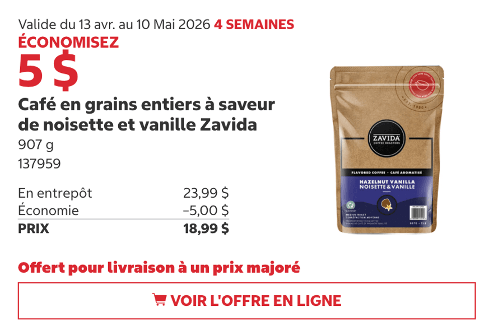 Caf\u00e9 en grains saveur noisette et vanille Zavida au Costco.