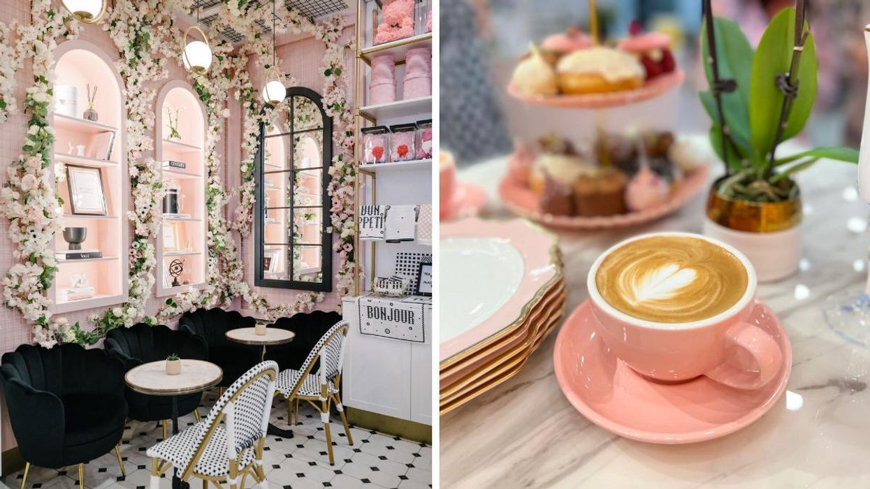 Café interior with pink flowers, tables, and chairs. Right: Pink mug with coffee.