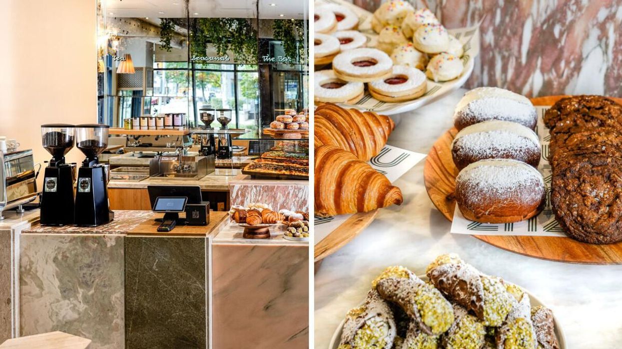 Café ZUZU coffee bar. Right: Italian pastries on a countertop.