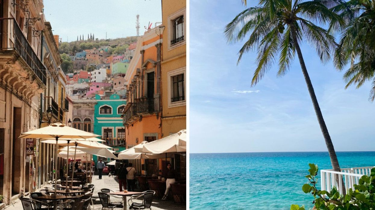 Cafes and restaurants fill the streets of Guanajuato, Mexico. Right: A palm tree-lined beach in Cuba.