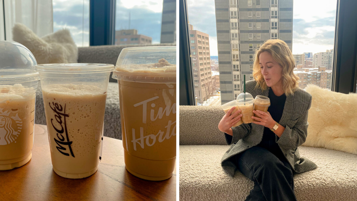 Cafés : Starbucks, McDonald, Tim Hortons. Droite : Françoise avec les cafés glacés.