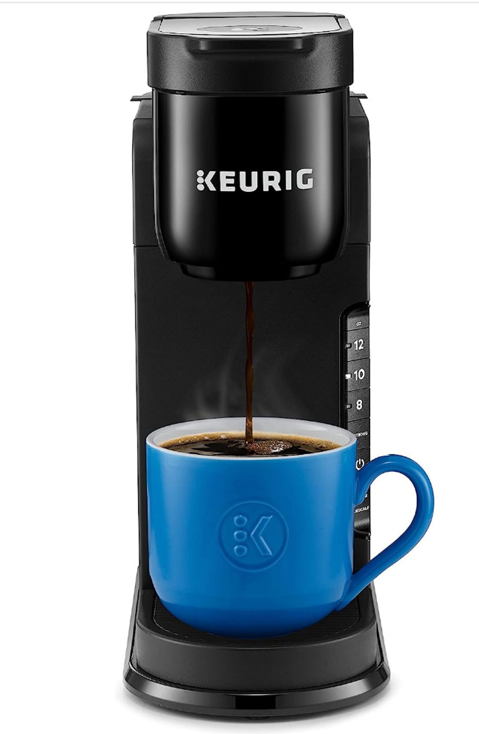 Cafeti\u00e8re Keurig K-Express noire avec une tasse bleu royal.