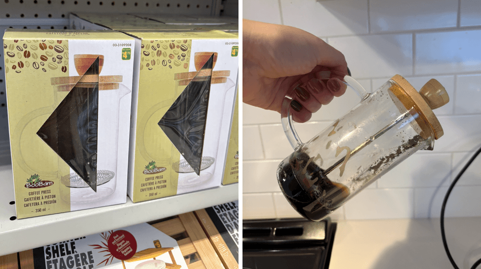 Cafeti\u00e8re \u00e0 piston sur les tablettes du Dollarama. Droite : cafeti\u00e8re \u00e0 piston avec grains de caf\u00e9.