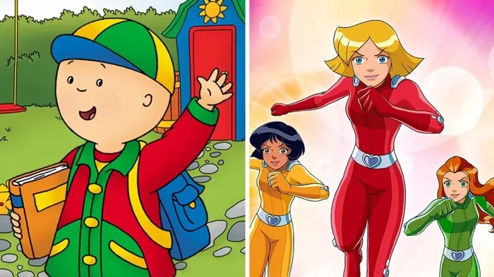Caillou waving while holding his backpack and book. Right: 'Totally Spies' characters in action.