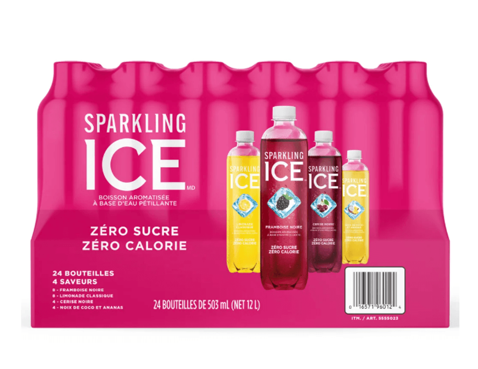 Caisse de 24 bouteilles de boissons p\u00e9tillantes Sparkling Ice sans sucre aux saveurs assorties.