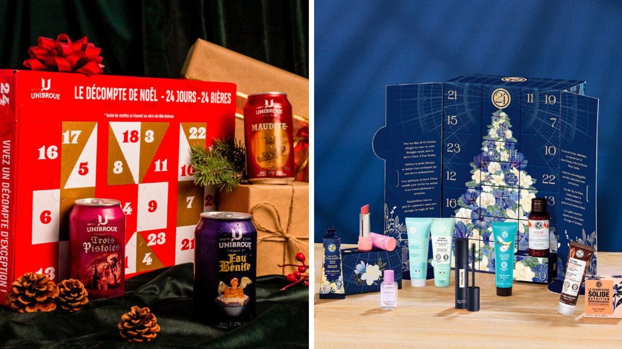 Caisse de l'avent d'Unibroue.  Droite : Calendrier de l'avent d'Yves Rocher.