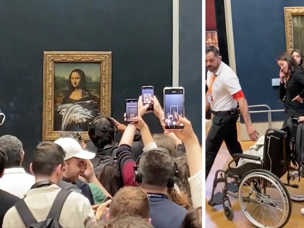 man dressed as old lady throws cake at mona lisa Man Dressed As Elderly Woman In A Wheelchair' Smears Cake Across The Mona Lisa At The