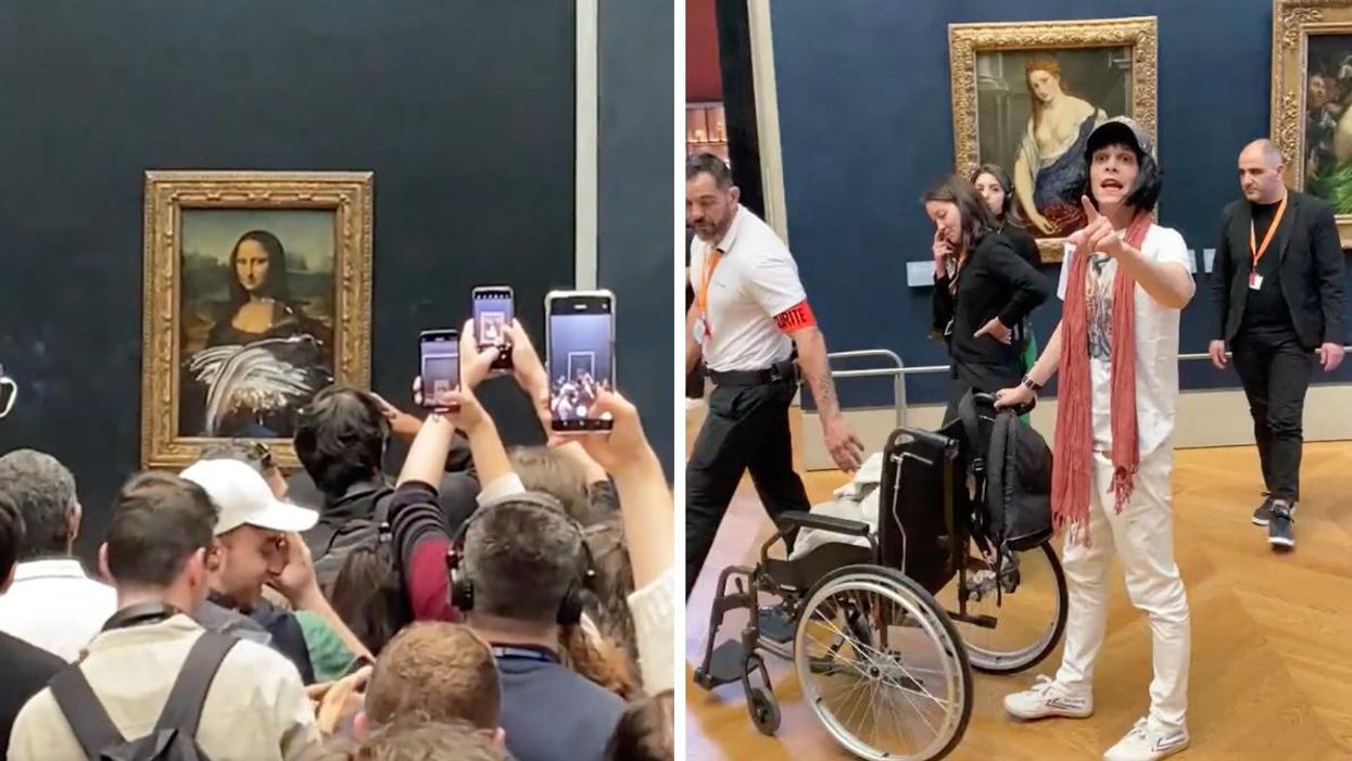 Cake smeared on the glass covering the Mona Lisa. Right: The man dressed as an old lady.
