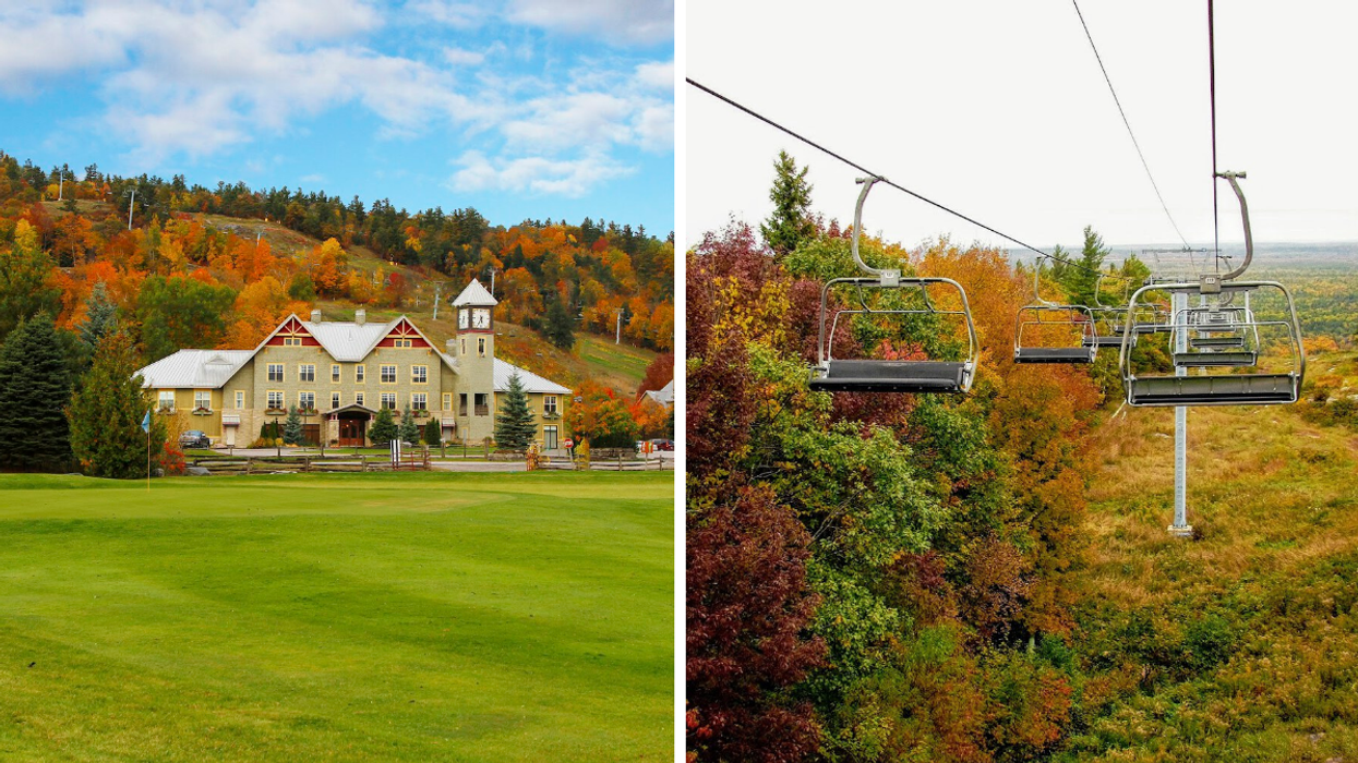 Calabogie Peaks Resort in the autumn. Right: Fall chairlift ride over a tree covered mountain.